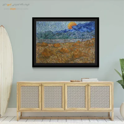 خرید تابلو مناسب خانههای مدرن - منظره ای با قفسه های گندم و طلوع ماه – تابلو نقاشی های ون گوگ - اسپو دکور