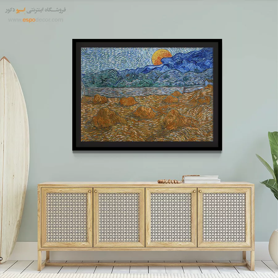 خرید تابلو مناسب خانههای مدرن - منظره ای با قفسه های گندم و طلوع ماه – تابلو نقاشی های ون گوگ - اسپو دکور