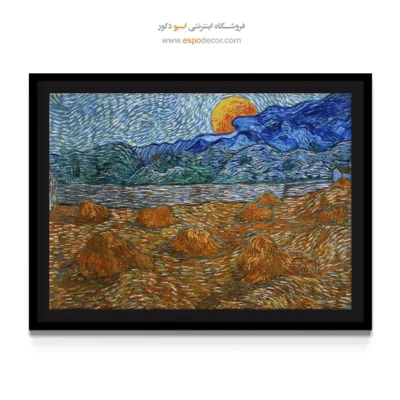 خرید تابلو مناسب خانههای مدرن - منظره ای با قفسه های گندم و طلوع ماه – تابلو نقاشی های ون گوگ - اسپو دکور