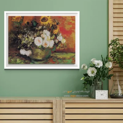 خرید تابلو تزئینی اتاق خواب - کاسه با گل رز آفتابگردان – تابلو نقاشی های ون گوگ - اسپو دکور