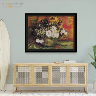 خرید تابلو تزئینی اتاق خواب - کاسه با گل رز آفتابگردان – تابلو نقاشی های ون گوگ - اسپو دکور