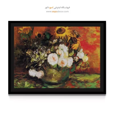 خرید تابلو تزئینی اتاق خواب - کاسه با گل رز آفتابگردان – تابلو نقاشی های ون گوگ - اسپو دکور