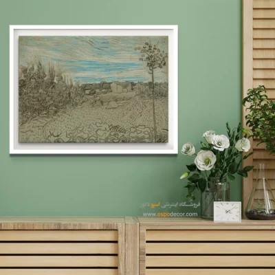 خرید تابلو ون گوگ برای هدیه - کلبه هایی با زنی که در میانه کار می کند – تابلو نقاشی های ون گوگ - اسپو دکور