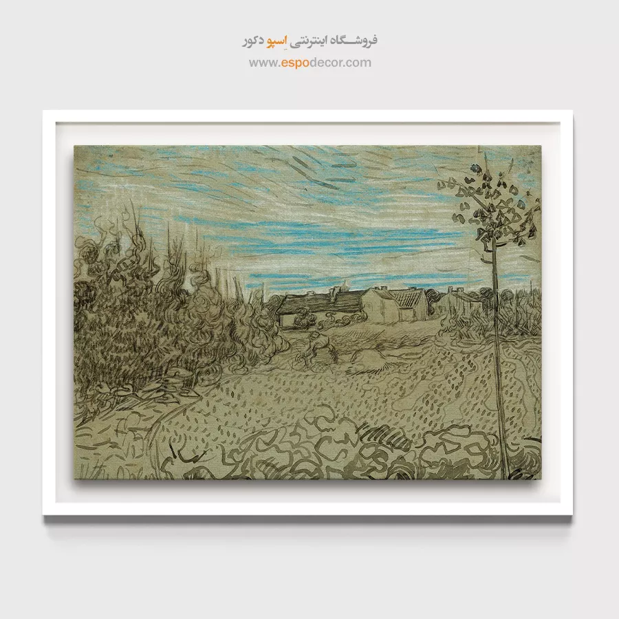 خرید تابلو ون گوگ برای هدیه - کلبه هایی با زنی که در میانه کار می کند – تابلو نقاشی های ون گوگ - اسپو دکور