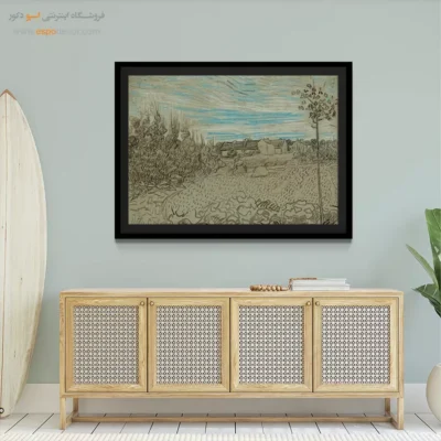 خرید تابلو ون گوگ برای هدیه - کلبه هایی با زنی که در میانه کار می کند – تابلو نقاشی های ون گوگ - اسپو دکور