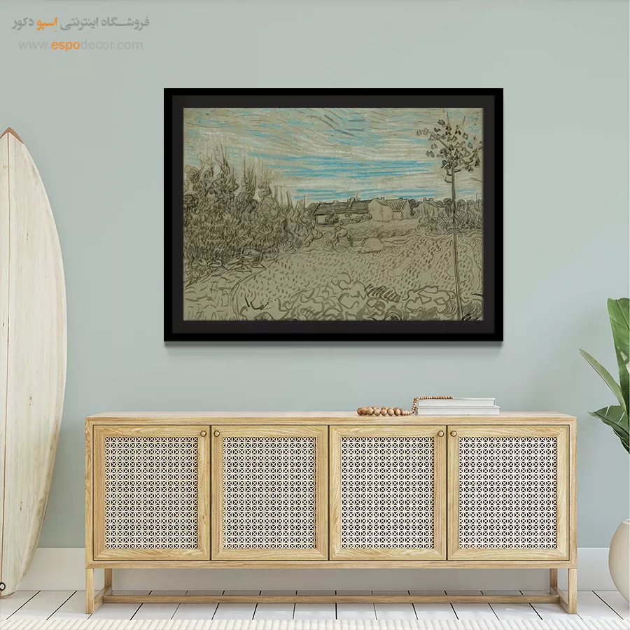 خرید تابلو ون گوگ برای هدیه - کلبه هایی با زنی که در میانه کار می کند – تابلو نقاشی های ون گوگ - اسپو دکور