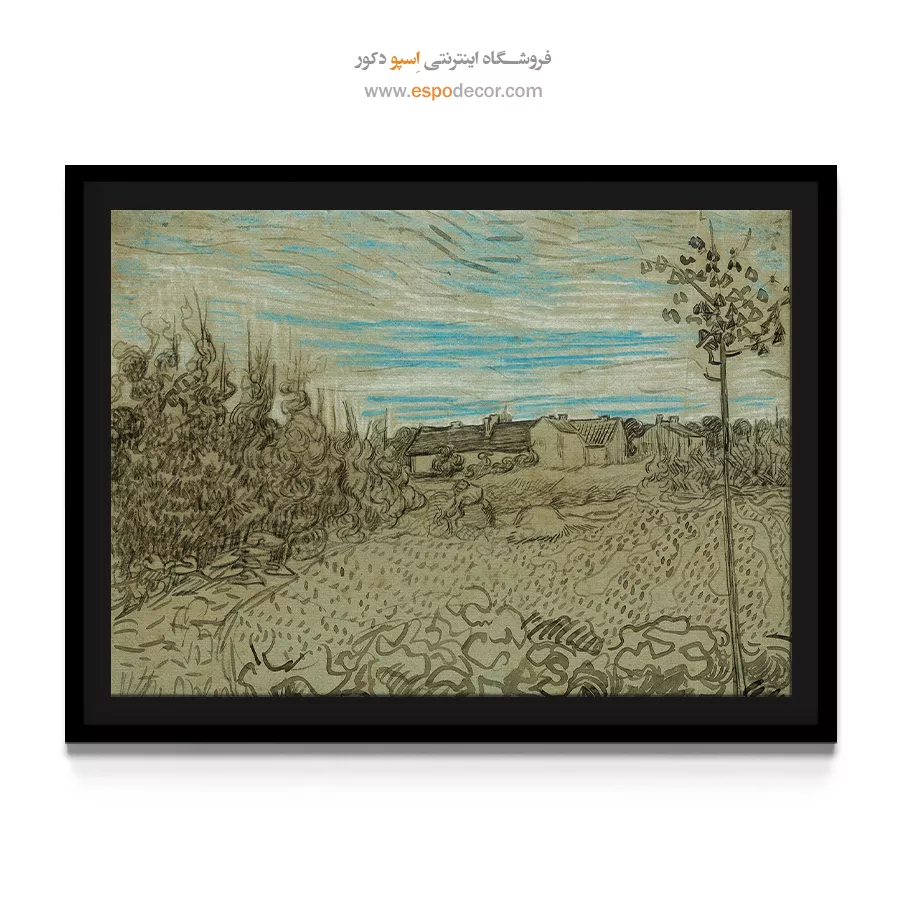 خرید تابلو ون گوگ برای هدیه - کلبه هایی با زنی که در میانه کار می کند – تابلو نقاشی های ون گوگ - اسپو دکور