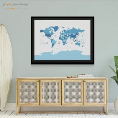 تابلو نقشه جهان با رنگ سرد - نقشه‌زاد – تابلو نقشه جهان - اسپو دکور