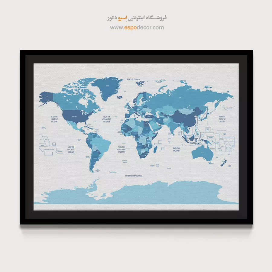 تزیین دفتر با نقشه جهان - راهیاب – تابلو نقشه جهان - اسپو دکور