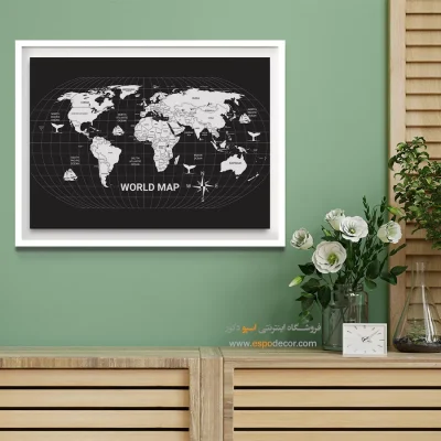 تابلو نقشه سیاه و سفید - پهنه – تابلو نقشه جهان - اسپو دکور