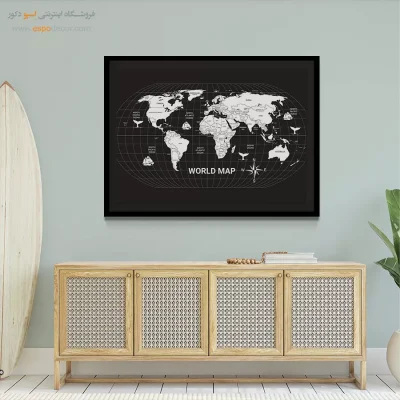 تابلو نقشه سیاه و سفید - پهنه – تابلو نقشه جهان - اسپو دکور